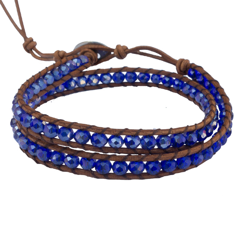 Jt Δερμάτινο διπλό βραχιόλι - κολιέ τσόκερ με κρύσταλλα Μπλε ηλεκτρικ